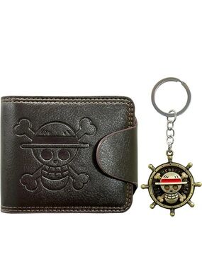 One Piece Luffy Skull Bifold Wallet w/ Straw Hat Pirate Keychain Brown Anime